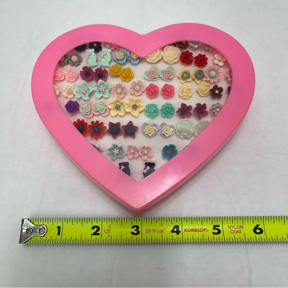 Kids Valentines Flowers Earrings Set Plastic Stud, Gift Boxed (36 Pairs) - Picture 6 of 6